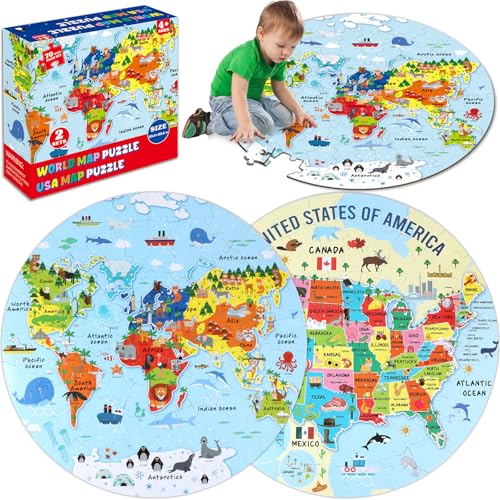 2 Sets World Puzzle United States Map Puzzle with Poster World and US Geography Jumbo Round Floor Puzzles Jigsaw for Kids Ages 3-5 Educational Learning Toys Puzzles Valentines Birthday Gift 70 Pieces