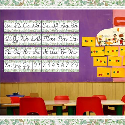 Set of 9 Cursive Writing Bulletin Board Cursive Alphabet Wall Strip for Teacher Supplies, Classroom Teaching Tool, Homeschooling, Kids Education (Eucalyptus) - style: Eucalyptus