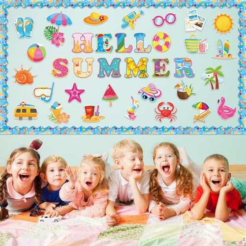 71 Pcs Hello Summer Bulletin Board Set Hawaiian Beach Slippers Sun DIY Borders Bulletin Trim Home School Hawaiian Tropical Party Supplies for Back to School Classroom Chalkboard Wall Door Decor - style: Coastal