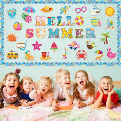71 Pcs Hello Summer Bulletin Board Set Hawaiian Beach Slippers Sun DIY Borders Bulletin Trim Home School Hawaiian Tropical Party Supplies for Back to School Classroom Chalkboard Wall Door Decor - style: Coastal