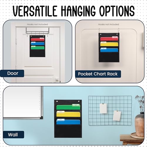 Essex Wares - 3 Pocket File Pocket Chart, Black, 14" Wide x 19.5" Tall - Versatile Wall Hanging File Folder Organizer for Classroom, Office, Home, and More - Wall Folder Organizer - 3 Pockets - size: 3 Pocket