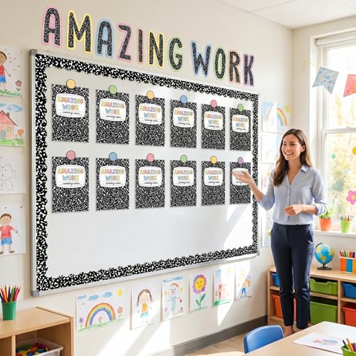 Gersoniel 139 Pcs Student Work Display Bulletin Board Set Amazing Work Decoration Motivational Study Room Cutouts Teachers Display Wall Supply Composition Book Pencil Decoration(Composition Book) - style: Notebook