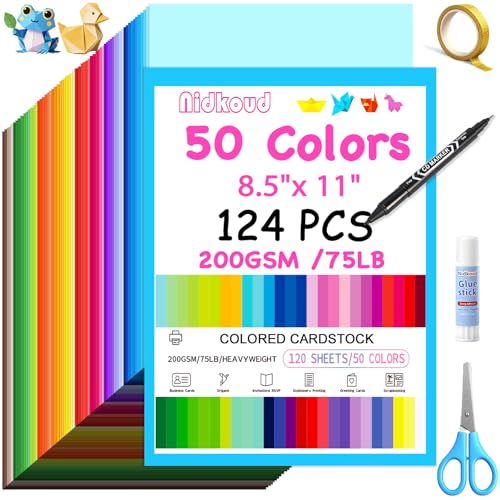 Cardstock Colored Paper,124pcs 50 Assorted Colors 8.5 x 11 Construction Paper Bulk,200GSM/75LB Thick Heavy CardStock Printer Paper for Crafts Scrapbooking,School Supplies,Party Decorations. - size: 124PCS