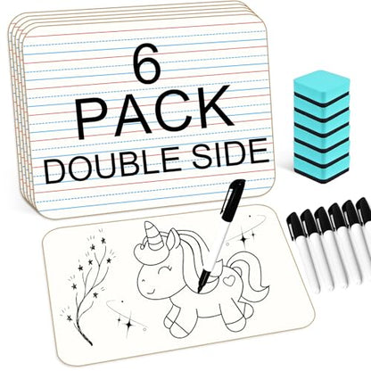 6 Pack Small White Board with Lines 9 x 12 Inch Double Sided Mini Dry Erase Board Classroom Pack Portable Dry Erase Lapboard for Kids Teacher Supplies with 6 Erasers and 6 Markers