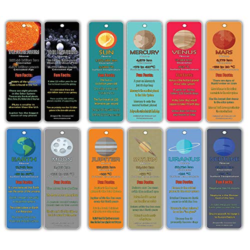 Creanoso Planets and Universe Fun Facts Bookmark Cards(12-Pack) - Solar System and Galaxy Learning Pack - Excellent Party Favors Teacher Classroom Reading Rewards and Incentive Gifts
