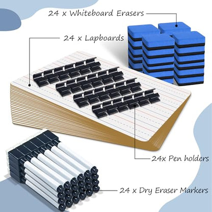 JUSTPAT 24 Pack Dry Erase Boards, 9"x12" Double Sided Easel Small Whiteboards with Lines for Kids, Students, Education Teacher Classroom, Mini Portable White Boards with 24 Markers, 24 Erasers