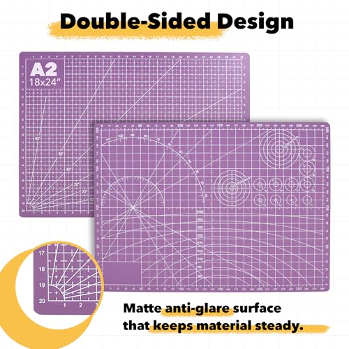 Mandala Crafts Self-Healing Cutting Mat Set – 18" x 24" A2 Purple Pink Double-Sided 5-Ply Mat with Fabric Cutter, Quilt Ruler & Craft Knife for Sewing, Quilting, Leather & Scrapbooking - color: Purple Combo, size: 18 x 24 Inches Mat Combo