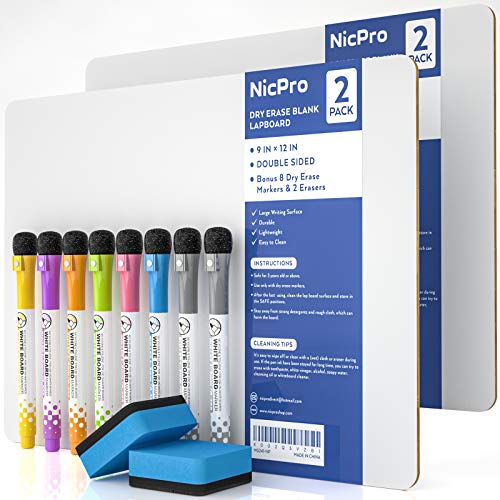 Nicpro Dry Erase Lap Board 9 x 12 inches 2 Pack Double Sided Blank Small Lapboard with 8 Pens, 2 Eraser, Learning Mini Whiteboard Portable Drawing Board for Student and Classroom Use - color: White, size: 2 Pack 9 × 12 inches