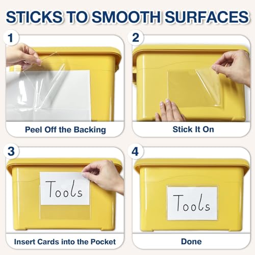 H4D 24 Pack Labels for Storage Bins, 4" x 6" Plastic Clear Adhesive Index Card Holders, Tote Label Pockets for Organizing Storage, Library Card, Shelves - size: 4" x 6", style: 24 Pack