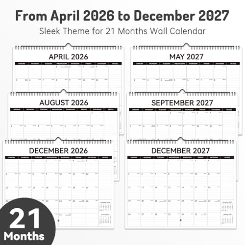 2026 Calendar, Forvencer 21-Month Wall Calendar 2026, Apr 2026 - Dec 2027, 14" x 11" Large Monthly Planner Calendars with Notes Section & Stickers, Ruled Block, Spiral Binding Hanging for Home Office - color: Sleek