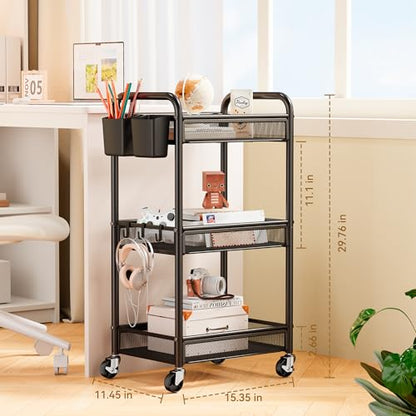 YASONIC 3 Tier Rolling Cart – Metal Utility Storage Carts with Wheels, Craft Cart Organizer with Hanging Cups, Hooks, Mesh Basket for Bedside Kitchen Office Art, Black - color: Black