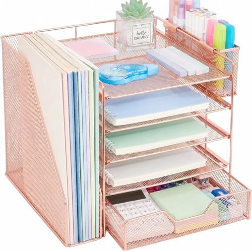 Desk Organizers and Accessories, 5-Tier Paper Letter Tray Organizer with File Holder, Drawer & Pen Holder, Office Desk Accessories, Desktop Organizer for Classroom Office Supplies, Rose Gold - color: Rose Gold