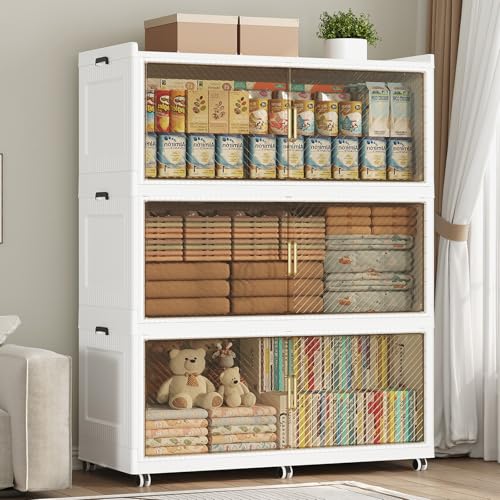 600QT Storage Bins with Lid Extra Large Stackable Closet Organizer Plastic Container Box, 150Gal 3-Tier Collapsible Cabinet with Wheels and Doors for Living Room Kitchen Office Dorm, White - color: White Brown, size: 200QT-3Pack
