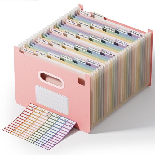 ThinkTex 26-Pocket Accordion File Organizer, Upright Open Top, Monthly Tabs, High Capacity Wheat Straw Expanding File Folder, Fits Letter A4 & Manila Folders for School Home Office -Strawberry Pink - color: 26-strawberry Pink, size: 26 Pockets