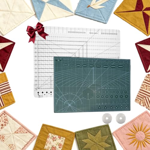 Slotted Quilting Ruler 17.75" x 22" – XL Slotted Ruler for Precision Fabric Cutting, with A2 Self-Healing Mat & 2 Blades, Quilting Supplies Kit for Crafting - size: Extra Large