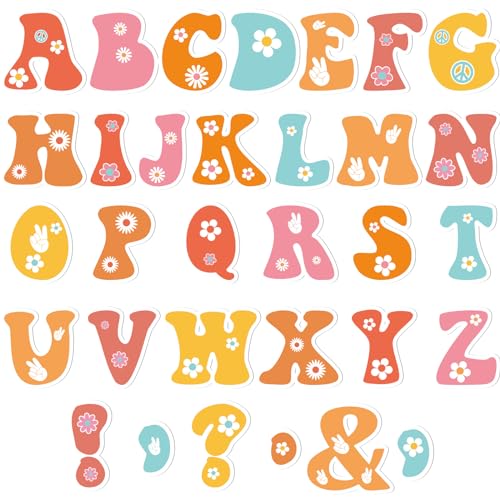 150 PCS Large 6" Font Letters and Punctuation Set, Groovy Party Hippie Boho Daisy Classroom Alphabet for Bulletin Board Display Home School, A Great Helper to Inspire Students' Learning Interest - style: Groovy