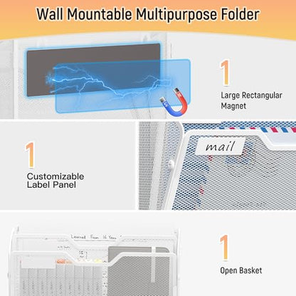 Docnest 2 Tier 3 Pack Magnetic Wall Mounted File Holders,Mesh Letter Organizer, Magnetic Hanging Mail Paper Document Organizer for Office, Home, School, White - color: 2 Tier Magnetic White-3 Pack