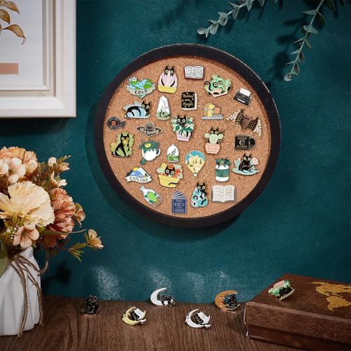 BENECREAT Flat Round Pin Board Cork Board, 7.87inch Bulletin Board Wall Mounted Display Board with Black Frame for Brooch Pin Storage Display, Office Home School Decor