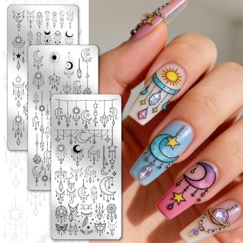 PH PandaHall 3pcs Star Moon Dream Catcher Nail Stamping Plates Pendant Chain Nails Art Stencils Crystal Suncatcher Nail Art Templates Bohemian Nail Stamper Plate for Women Manicures Salon Design Print - style: Star Moon