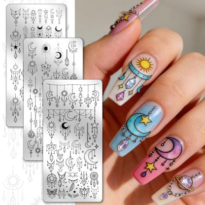 PH PandaHall 3pcs Star Moon Dream Catcher Nail Stamping Plates Pendant Chain Nails Art Stencils Crystal Suncatcher Nail Art Templates Bohemian Nail Stamper Plate for Women Manicures Salon Design Print - style: Star Moon
