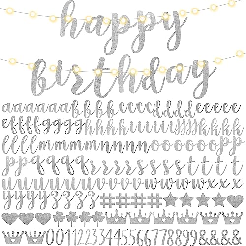 TaoBary 167 Pcs DIY Banner Kit Happy Birthday Glitter Banner Customizable Glitter Make Your Own Kit 162 Letters Symbols and Numbers 3 Rope for Birthday Halloween Wedding Christmas(Silver) - color: Silver