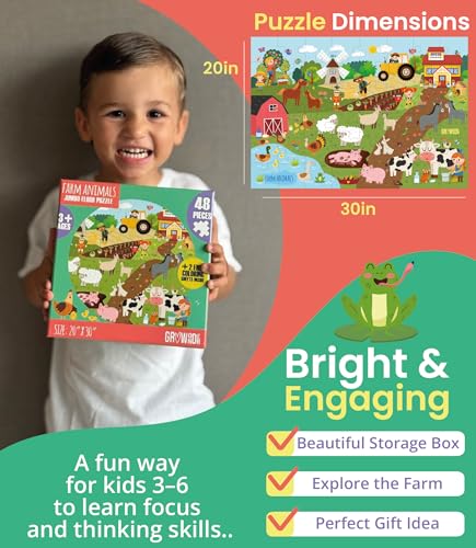 Floor Puzzles for Kids Ages 3-5 4-6 Educational 48 Piece Farm Animals with 2 Giant Coloring Posters Preschool Learning Toy Tractors Tools Barnyard Animals Screen Free Family Playtime - style: FARM ANIMALS