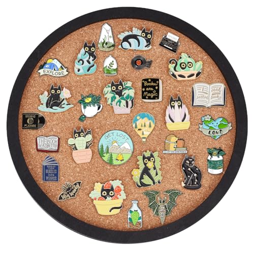 BENECREAT Flat Round Pin Board Cork Board, 7.87inch Bulletin Board Wall Mounted Display Board with Black Frame for Brooch Pin Storage Display, Office Home School Decor