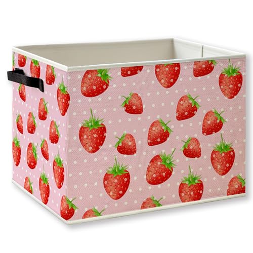 Pink Strawberry Foldable Storage Bins Box with Handles, Preppy Pink Dot Strawberry Girls Collapsible Foldable Basket Organizer for Girl Nursery Room Bedroom Bathroom Clothes Toys Books - color: kid-26