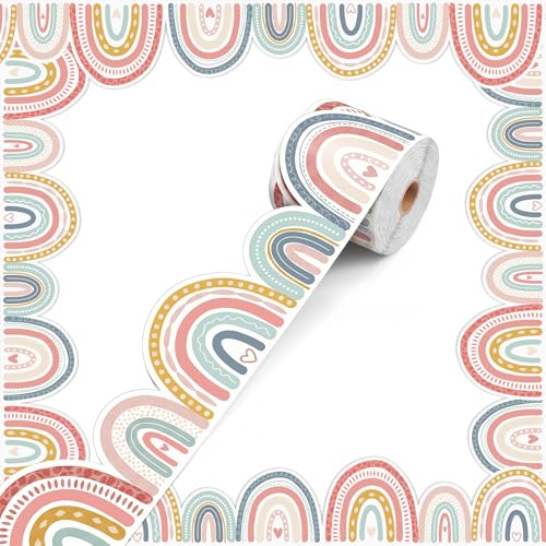 Tenceur 120 FT Rainbow Bulletin Board Borders, Scalloped Die-Cut Classroom Border Trim, Colorful Bulletin Board Decorations for School, Offices, Whiteboard, Walls, Doors, Desk, Locker(Neutral Boho) - color: Neutral Boho