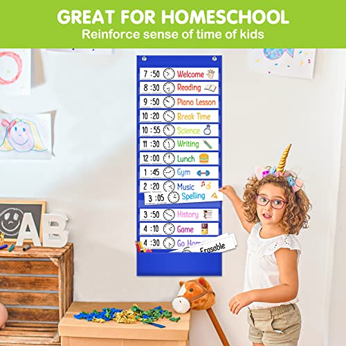 Eamay Daily Schedule Pocket Charts, Teacher Schedule Chart with Resuable 18 Custom Cards, Classroom Pocket Chart for School Office or Homeschool Activities, Blue - color: Blue