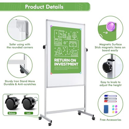 Rolling Whiteboard on Wheels, 32x48 Inches Double-Sided Magnetic Dry Erase Board with Stand, Height Adjustable Mobile White Board Easel for Classroom Home Office - style: White