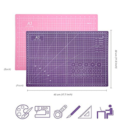 TCAIRG Self Healing Cutting Mat 18 inchx12 inch Non-Slip PVC Double Sided 5-Ply A3 Art Craft Rotating Mat,Sewing Crafts Hobby Fabric Precision Scrapbooking Project(Pink/Purple)