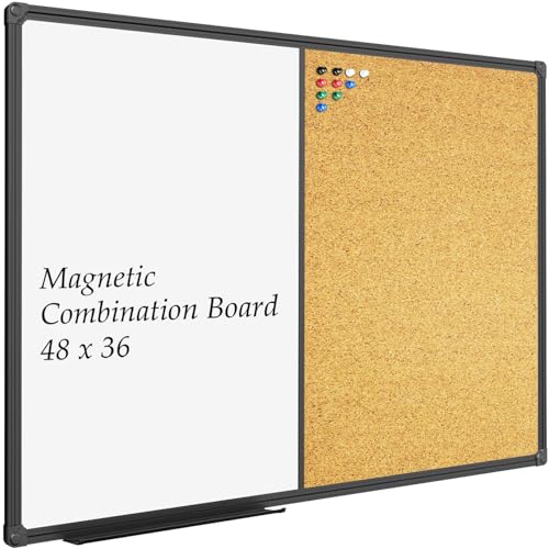 JILoffice White Board & Bulletin Corkboard Combination, Combo Board 48 x 36 Magnetic Whiteboard, Black Aluminum Frame Wall Mounted Board for Office Home and School with 10 Push Pins - size: 48"x36"-Black, style: vertical