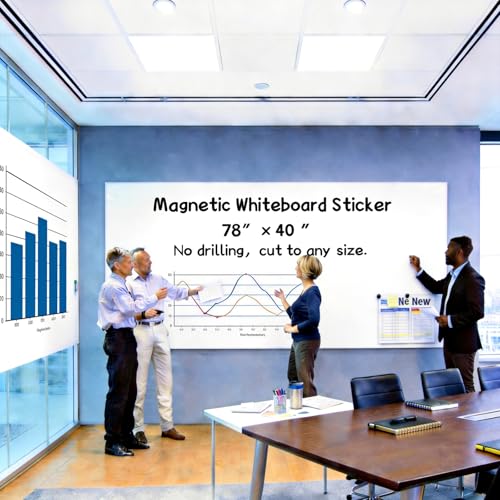 Huge Magnetic Whiteboard Sticker 78"x40" - Self-Adhesive Dry Erase Wall Decal for Office Teamwork & Conference Room, No Ghosting, Project Planner, Magnet Receptive, w/ 11 Markers & Magnets - size: 78"W x 40"H