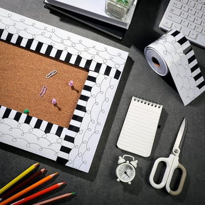Kolldenn 68.9ft Black and White Bulletin Board Border Black White Squiggles and Stripes Classroom Borders Trim Rolled Die Cut for Bulletin Board Chalkboard School Teachers Wall Decor(Straight) - style: Straight