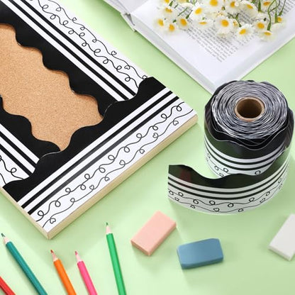 Kolldenn 68.9ft Black and White Bulletin Board Border Black White Squiggles and Stripes Classroom Borders Trim Rolled Die Cut for Bulletin Board Chalkboard School Teachers Wall Decor (Scalloped Heart) - style: Scalloped Heart