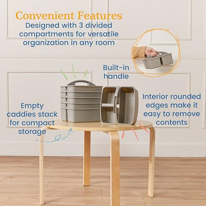 ECR4Kids 3-Compartment Small Plastic Caddy, Multipurpose Organization, Grey, 6-Pack - color: Grey