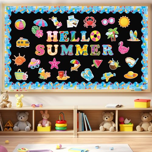 71 Pcs Hello Summer Bulletin Board Set Hawaiian Beach Slippers Sun DIY Borders Bulletin Trim Home School Hawaiian Tropical Party Supplies for Back to School Classroom Chalkboard Wall Door Decor - style: Coastal
