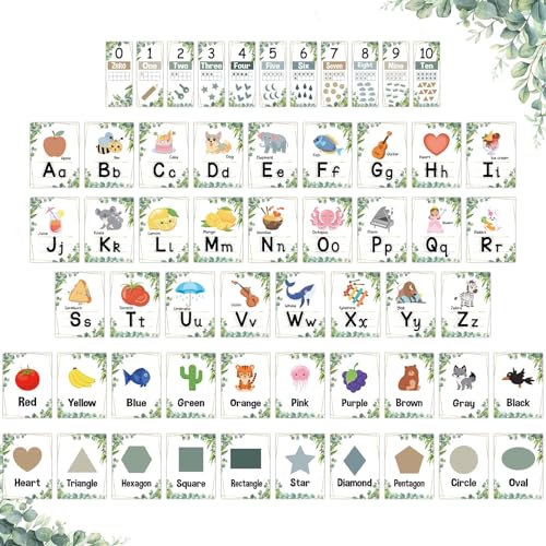 57 Pcs Alphabet for Classroom Wall ABC Alphabet Poster Letters Number line Colors Shapes Wall Chart Cards Bulletin Board Decorations for Back to School Classroom Decor(Eucalyptus Greenery) - style: Eucalyptus Greenery