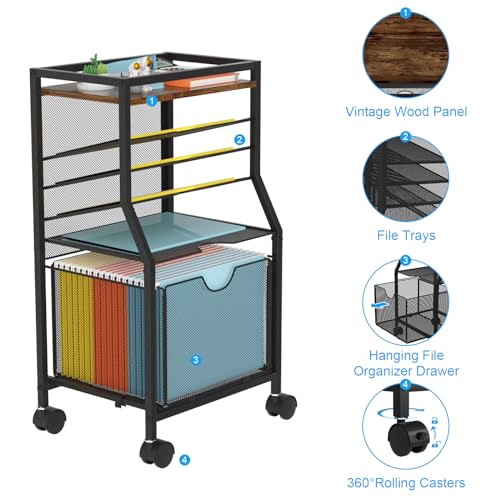 BOHDK Rolling File Cart, 6-Tier Desk File Organizer on Lockable Wheels, Brown Wood Planks & Mesh Sliding Hanging Folder Drawer, Organization Cart for Office Home School - color: Brown