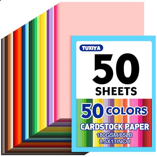 50 Sheets 8.5" X 11" Colored Cardstock, 50 Assorted Colors Construction Paper Card Stock Printer Paper for Printing, Card Making, DIY Crafts,School Supplies,Party Decorations (180GSM/65LB) - size: 8.5 X11in 50p