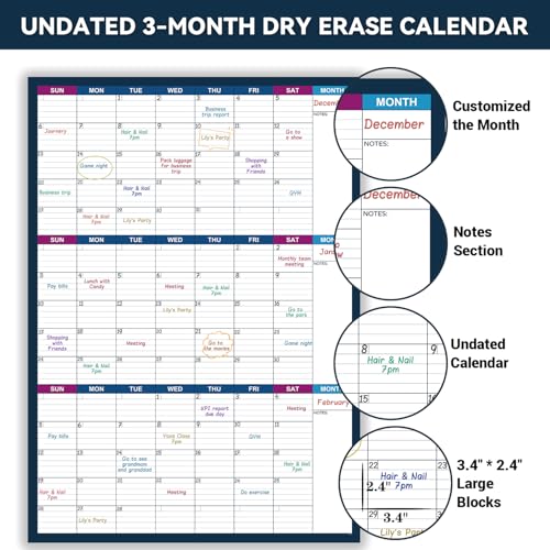 Large Dry Erase Calendar for Wall – Undated 3 Month Wall Calendar, Yearly Wall Calendar Dry Erase, 28" x 40"(Vertical), Reusable Laminated with Round Stickers, Perfect Layout Wall Calendar for Office, Home and Classroom