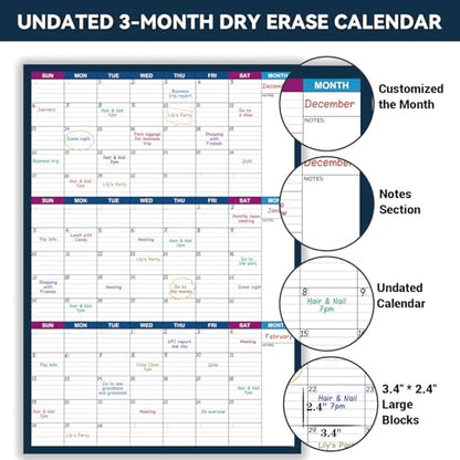 Large Dry Erase Calendar for Wall – Undated 3 Month Wall Calendar, Yearly Wall Calendar Dry Erase, 28" x 40"(Vertical), Reusable Laminated with Round Stickers, Perfect Layout Wall Calendar for Office, Home and Classroom
