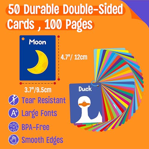 50 PCS First Word Flashcards, Double Sided Learning Cards Alphabet, Foods, Animals, Shapes, Colors, Vehicle, Body Parts with 2 Reclosable Rings, Learning Tool for Pre-K Kindergarten Toddlers - style: First Word