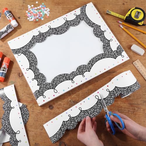 Kolldenn 68.9ft Black and White Bulletin Board Border Black White Squiggles and Stripes Classroom Borders Trim Rolled Die Cut for Bulletin Board Chalkboard School Teachers Wall Decor(Composition Dots) - style: Composition Dots