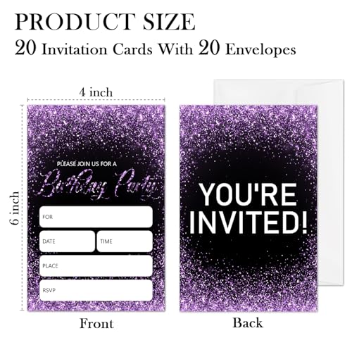 Black Glitter Birthday Invitations With Envelopes Set of 20, Simple Birthday Invites For Girls Boys Teens Adults, Party Favor Supplies-008 - color: Black Glitter
