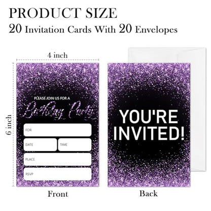 Black Glitter Birthday Invitations With Envelopes Set of 20, Simple Birthday Invites For Girls Boys Teens Adults, Party Favor Supplies-008 - color: Black Glitter