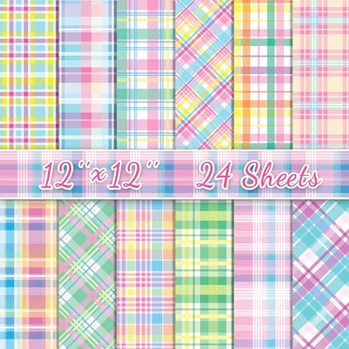 24 Sheets Spring Pastel Plaid Scrapbook Paper 12'' × 12'' Double-Sided Colorful Gingham Pattern Paper Decorative Art Cardstock for DIY Crafts Card Making Scrapbook Supplies