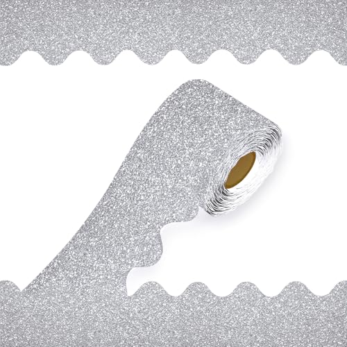 69Feet Bulletin Board Borders, Board Trims Shiny Decorative Border Trims Sparkle,Classroom Decor,Poster Board, Whiteboard, Wall Decoration, Party, Decoration with Classroom Border(Silver) - color: Silver