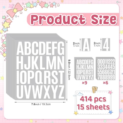 414Pcs Letter Stickers Alphabet Stickers 15 Sheets 2 Inch Vinyl Letter Sticker Self Adhesive Alphabet Number Stick on Sticker for Scrapbook Classroom Craft Window Bulletin Board Sign Mailbox Numbers - color: White